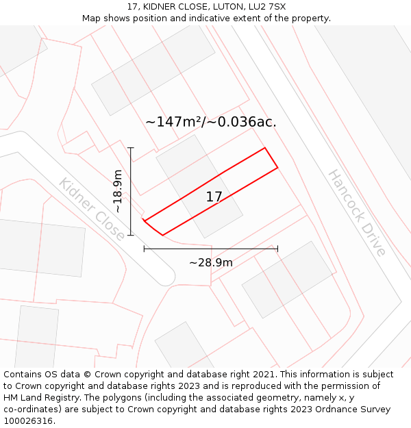 17, KIDNER CLOSE, LUTON, LU2 7SX: Plot and title map