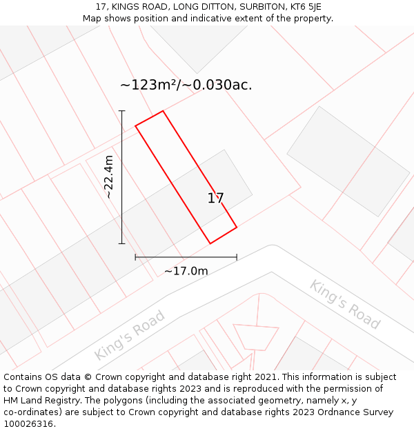17, KINGS ROAD, LONG DITTON, SURBITON, KT6 5JE: Plot and title map