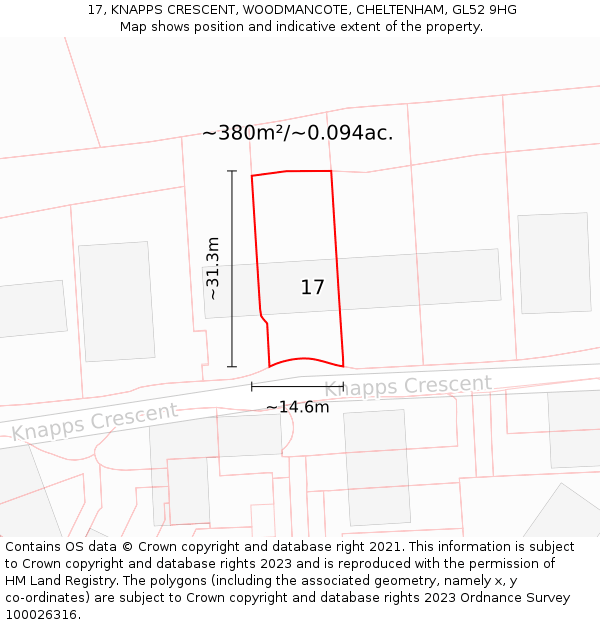 17, KNAPPS CRESCENT, WOODMANCOTE, CHELTENHAM, GL52 9HG: Plot and title map