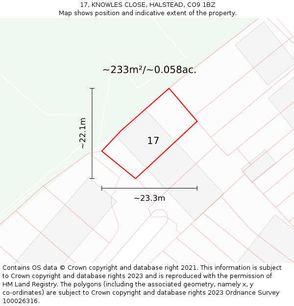 17, KNOWLES CLOSE, HALSTEAD, CO9 1BZ: Plot and title map