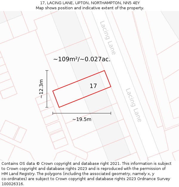 17, LACING LANE, UPTON, NORTHAMPTON, NN5 4EY: Plot and title map