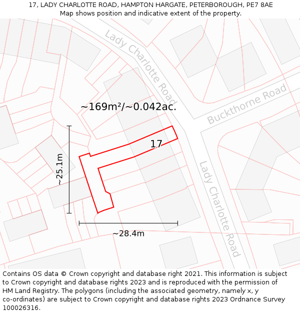 17, LADY CHARLOTTE ROAD, HAMPTON HARGATE, PETERBOROUGH, PE7 8AE: Plot and title map