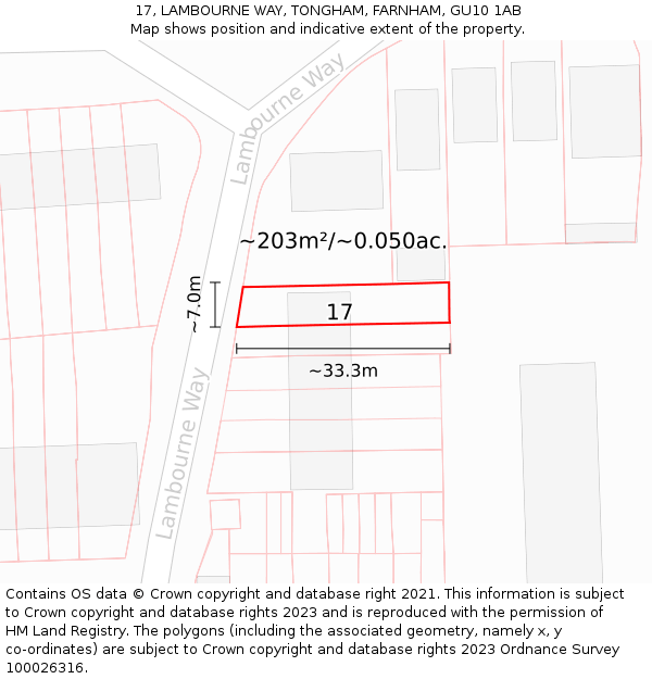 17, LAMBOURNE WAY, TONGHAM, FARNHAM, GU10 1AB: Plot and title map