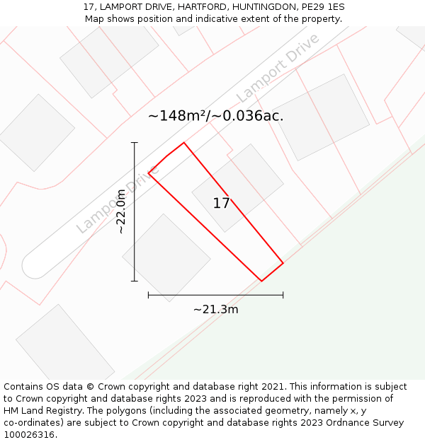 17, LAMPORT DRIVE, HARTFORD, HUNTINGDON, PE29 1ES: Plot and title map