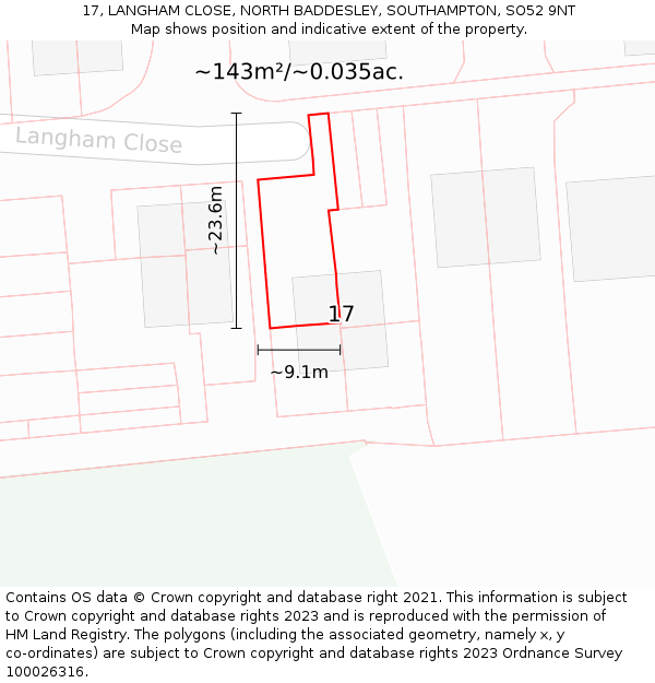 17, LANGHAM CLOSE, NORTH BADDESLEY, SOUTHAMPTON, SO52 9NT: Plot and title map