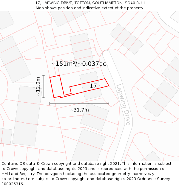 17, LAPWING DRIVE, TOTTON, SOUTHAMPTON, SO40 8UH: Plot and title map