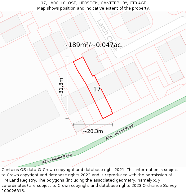 17, LARCH CLOSE, HERSDEN, CANTERBURY, CT3 4GE: Plot and title map