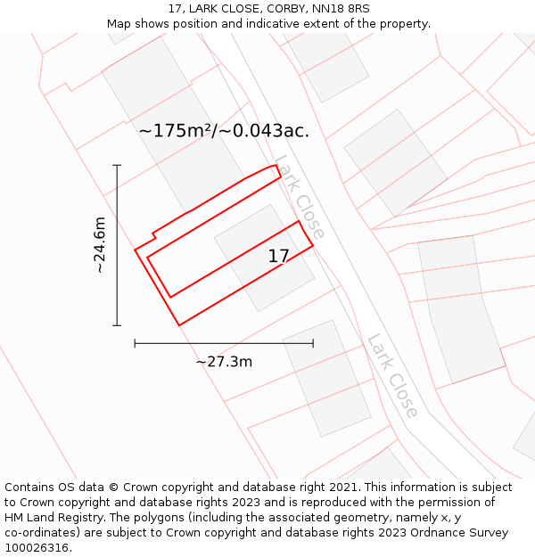 17, LARK CLOSE, CORBY, NN18 8RS: Plot and title map
