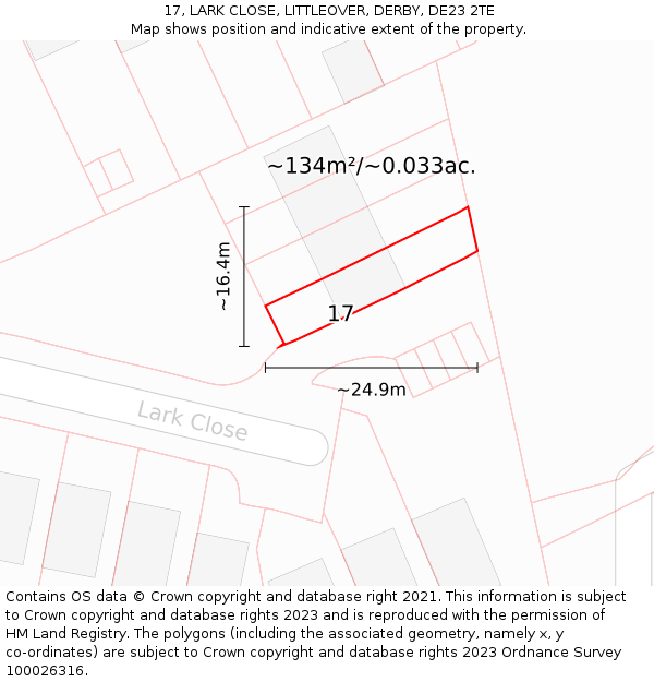 17, LARK CLOSE, LITTLEOVER, DERBY, DE23 2TE: Plot and title map