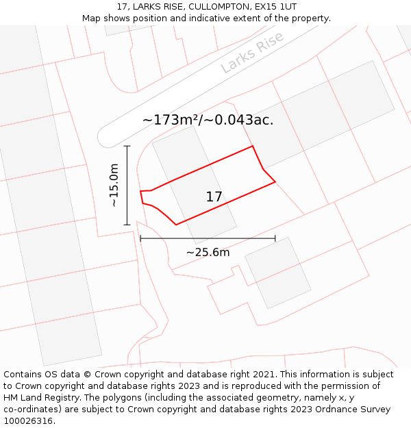17, LARKS RISE, CULLOMPTON, EX15 1UT: Plot and title map