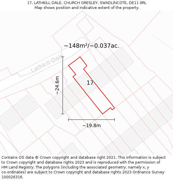 17, LATHKILL DALE, CHURCH GRESLEY, SWADLINCOTE, DE11 9RL: Plot and title map