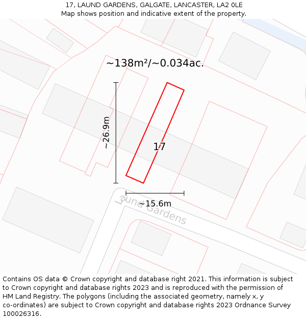 17, LAUND GARDENS, GALGATE, LANCASTER, LA2 0LE: Plot and title map