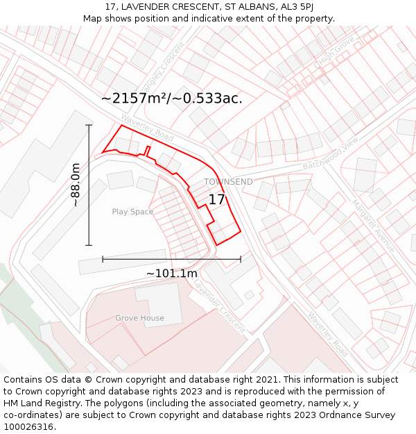 17, LAVENDER CRESCENT, ST ALBANS, AL3 5PJ: Plot and title map