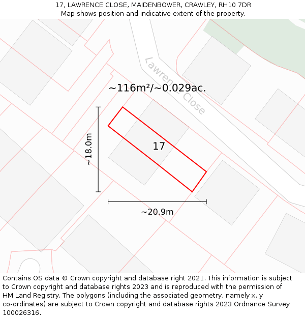 17, LAWRENCE CLOSE, MAIDENBOWER, CRAWLEY, RH10 7DR: Plot and title map