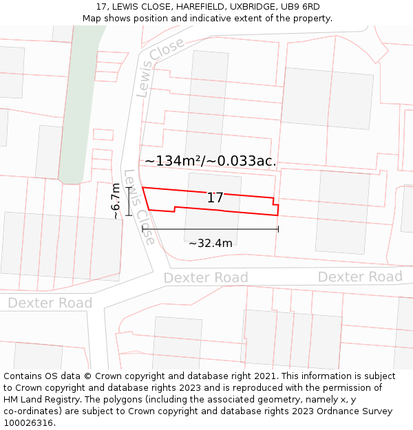 17, LEWIS CLOSE, HAREFIELD, UXBRIDGE, UB9 6RD: Plot and title map