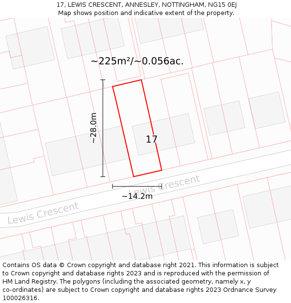 17, LEWIS CRESCENT, ANNESLEY, NOTTINGHAM, NG15 0EJ: Plot and title map