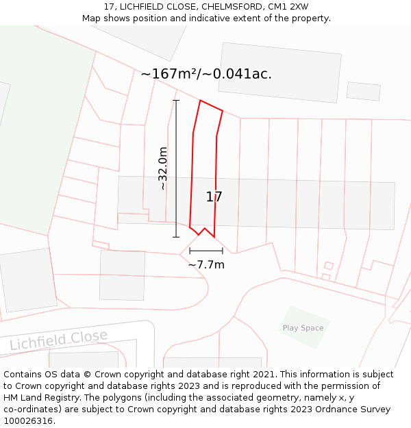 17, LICHFIELD CLOSE, CHELMSFORD, CM1 2XW: Plot and title map