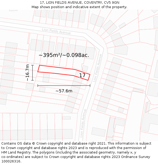 17, LION FIELDS AVENUE, COVENTRY, CV5 9GN: Plot and title map