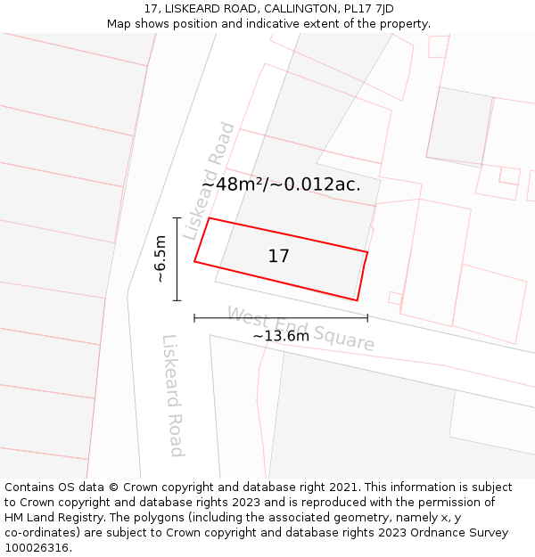 17, LISKEARD ROAD, CALLINGTON, PL17 7JD: Plot and title map