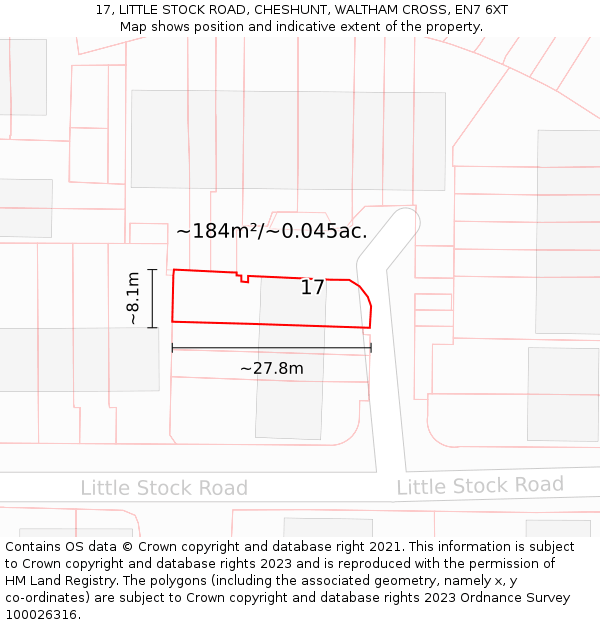 17, LITTLE STOCK ROAD, CHESHUNT, WALTHAM CROSS, EN7 6XT: Plot and title map