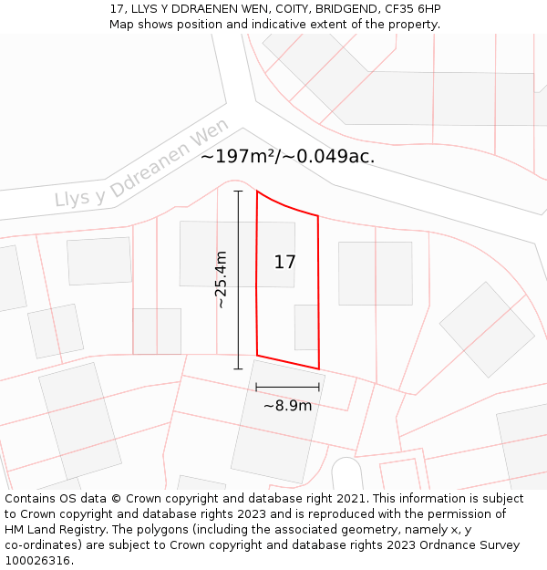 17, LLYS Y DDRAENEN WEN, COITY, BRIDGEND, CF35 6HP: Plot and title map
