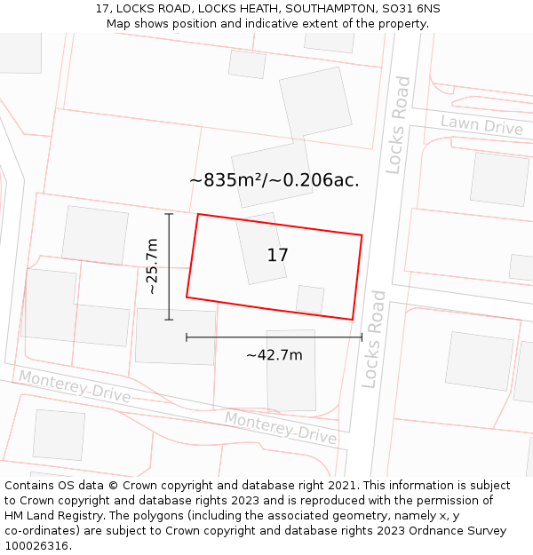 17, LOCKS ROAD, LOCKS HEATH, SOUTHAMPTON, SO31 6NS: Plot and title map