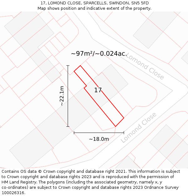 17, LOMOND CLOSE, SPARCELLS, SWINDON, SN5 5FD: Plot and title map