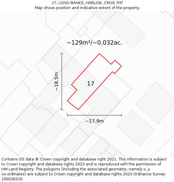 17, LONG BANKS, HARLOW, CM18 7NT: Plot and title map