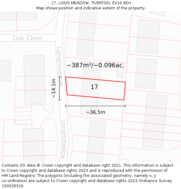 17, LONG MEADOW, TIVERTON, EX16 6EH: Plot and title map