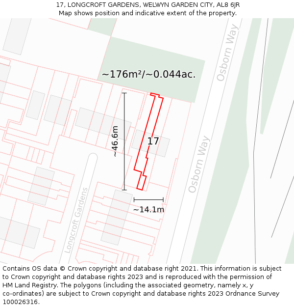 17, LONGCROFT GARDENS, WELWYN GARDEN CITY, AL8 6JR: Plot and title map