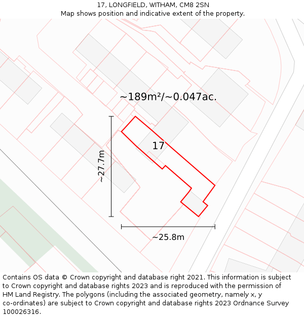 17, LONGFIELD, WITHAM, CM8 2SN: Plot and title map