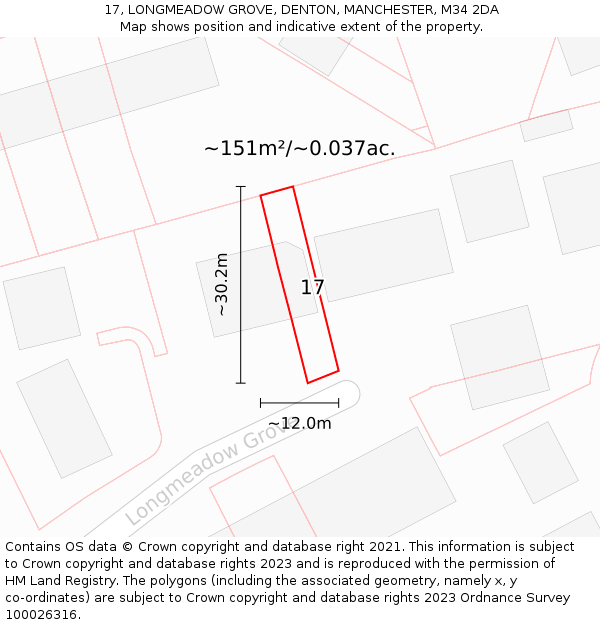 17, LONGMEADOW GROVE, DENTON, MANCHESTER, M34 2DA: Plot and title map