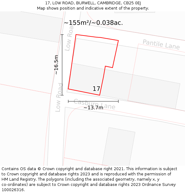 17, LOW ROAD, BURWELL, CAMBRIDGE, CB25 0EJ: Plot and title map