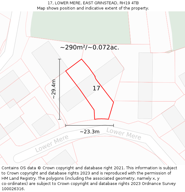 17, LOWER MERE, EAST GRINSTEAD, RH19 4TB: Plot and title map