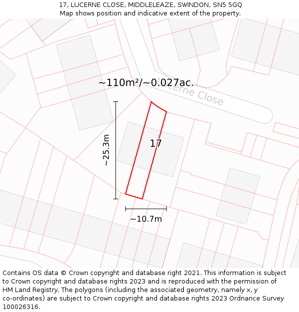 17, LUCERNE CLOSE, MIDDLELEAZE, SWINDON, SN5 5GQ: Plot and title map