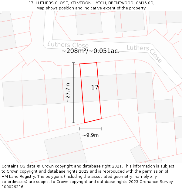 17, LUTHERS CLOSE, KELVEDON HATCH, BRENTWOOD, CM15 0DJ: Plot and title map