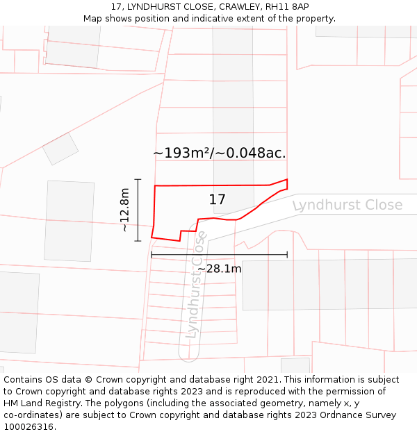 17, LYNDHURST CLOSE, CRAWLEY, RH11 8AP: Plot and title map