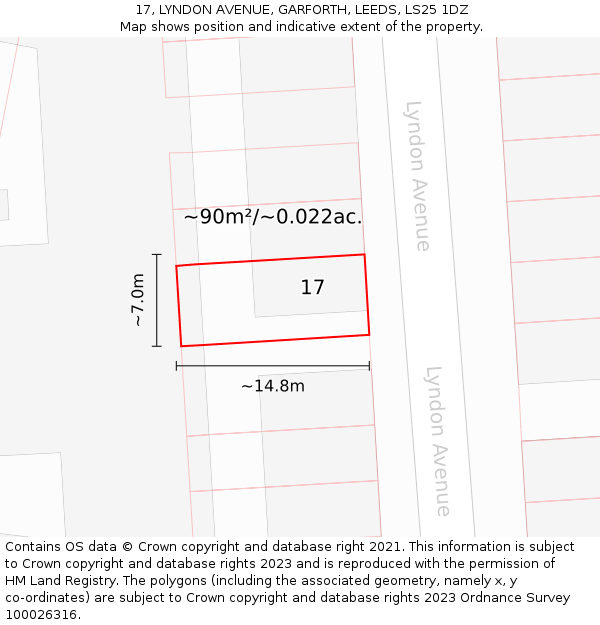 17, LYNDON AVENUE, GARFORTH, LEEDS, LS25 1DZ: Plot and title map