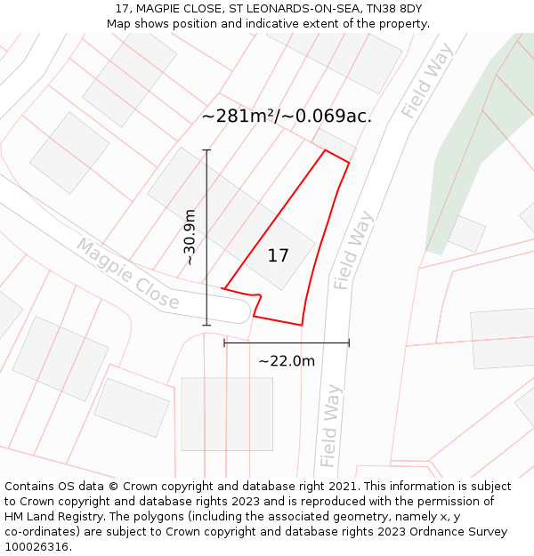 17, MAGPIE CLOSE, ST LEONARDS-ON-SEA, TN38 8DY: Plot and title map