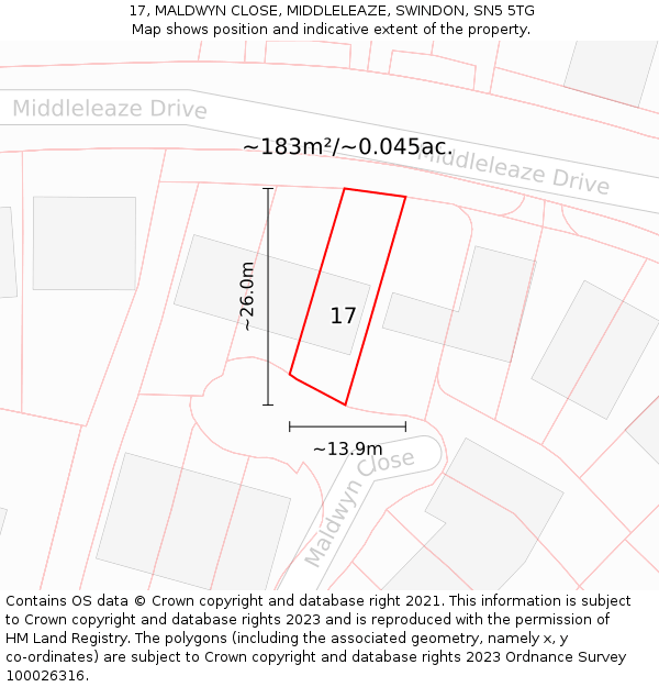 17, MALDWYN CLOSE, MIDDLELEAZE, SWINDON, SN5 5TG: Plot and title map
