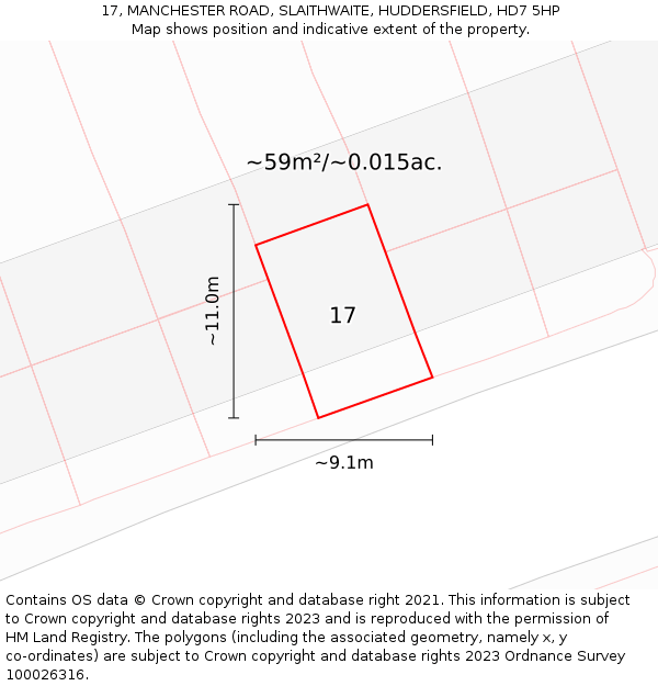 17, MANCHESTER ROAD, SLAITHWAITE, HUDDERSFIELD, HD7 5HP: Plot and title map
