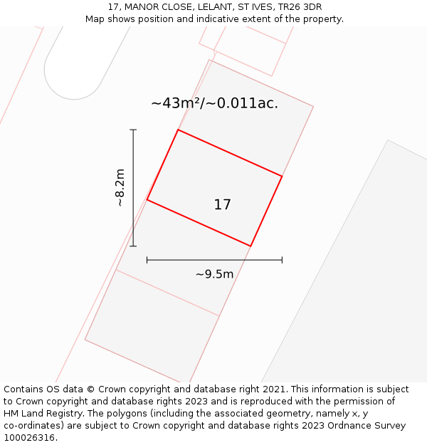 17, MANOR CLOSE, LELANT, ST IVES, TR26 3DR: Plot and title map