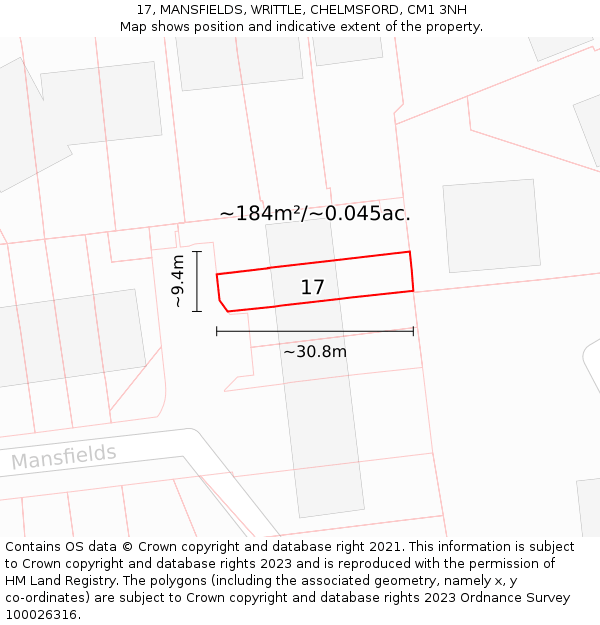 17, MANSFIELDS, WRITTLE, CHELMSFORD, CM1 3NH: Plot and title map