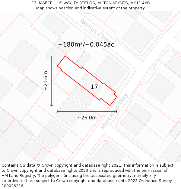 17, MARCELLUS WAY, FAIRFIELDS, MILTON KEYNES, MK11 4AD: Plot and title map