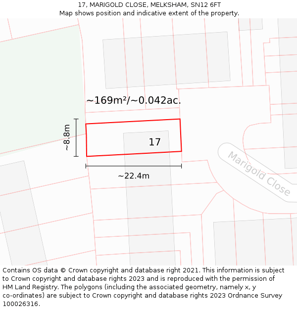 17, MARIGOLD CLOSE, MELKSHAM, SN12 6FT: Plot and title map