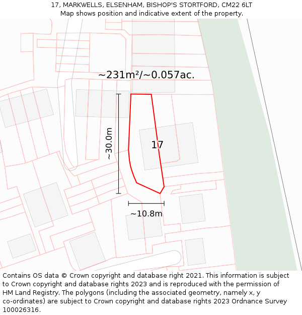 17, MARKWELLS, ELSENHAM, BISHOP'S STORTFORD, CM22 6LT: Plot and title map