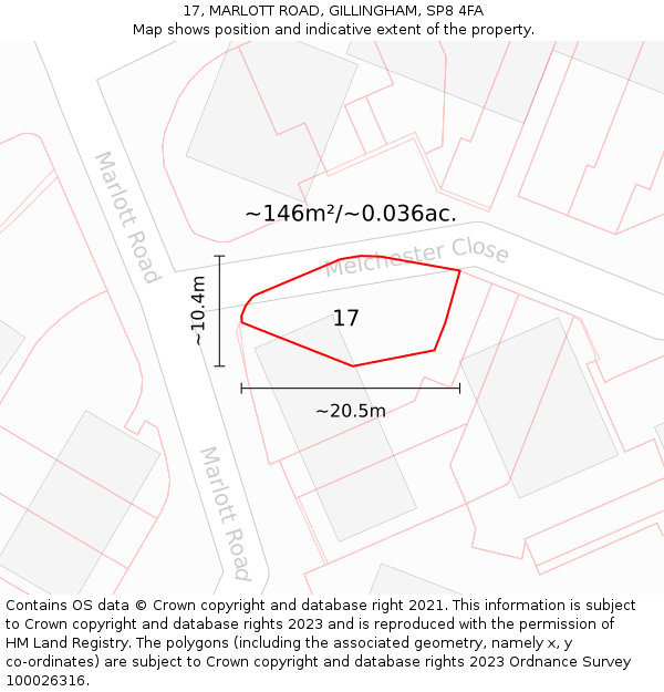 17, MARLOTT ROAD, GILLINGHAM, SP8 4FA: Plot and title map