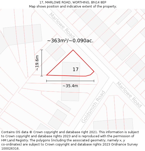 17, MARLOWE ROAD, WORTHING, BN14 8EP: Plot and title map