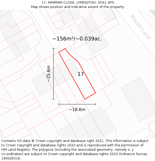 17, MARRAM CLOSE, LYMINGTON, SO41 9FN: Plot and title map
