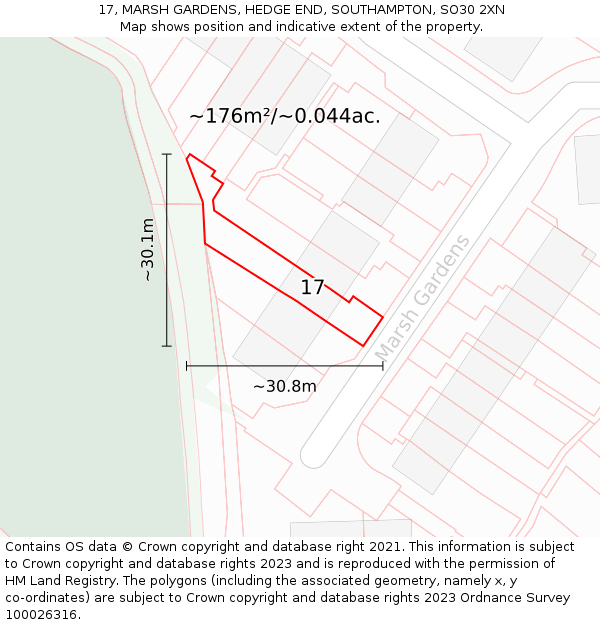 17, MARSH GARDENS, HEDGE END, SOUTHAMPTON, SO30 2XN: Plot and title map